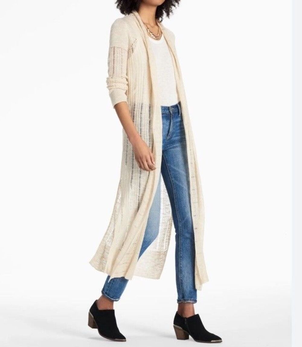 Lucky Brand Long Crochet Cardigan Duster Sweater Loose Knit Cream Sz XS Boho